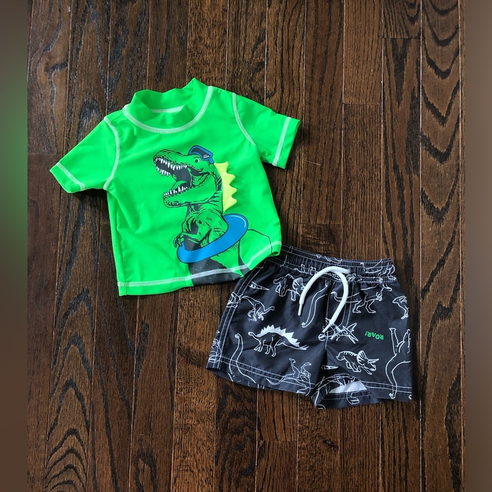 Carter’s Boys 6M Green/Gray Dinosaur 2-Piece Swim Set Rash Guard/Trunks